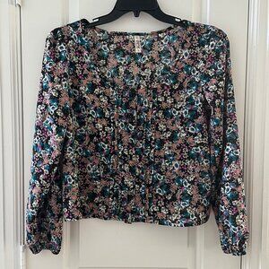 Mudd Womens Floral Long Sleeve Blouse Size L Black/Pink/Blue 100% Polyester Made
